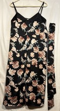 Midi Slip Dress Black Satin with Flowers and Sash Belt Sz L Dress up or down