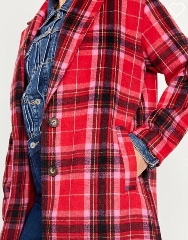 Old Navy Women’s Long Coat Red Tartan Plaid Oversized Soft Brushed Duster~3X - Image 3 of 4