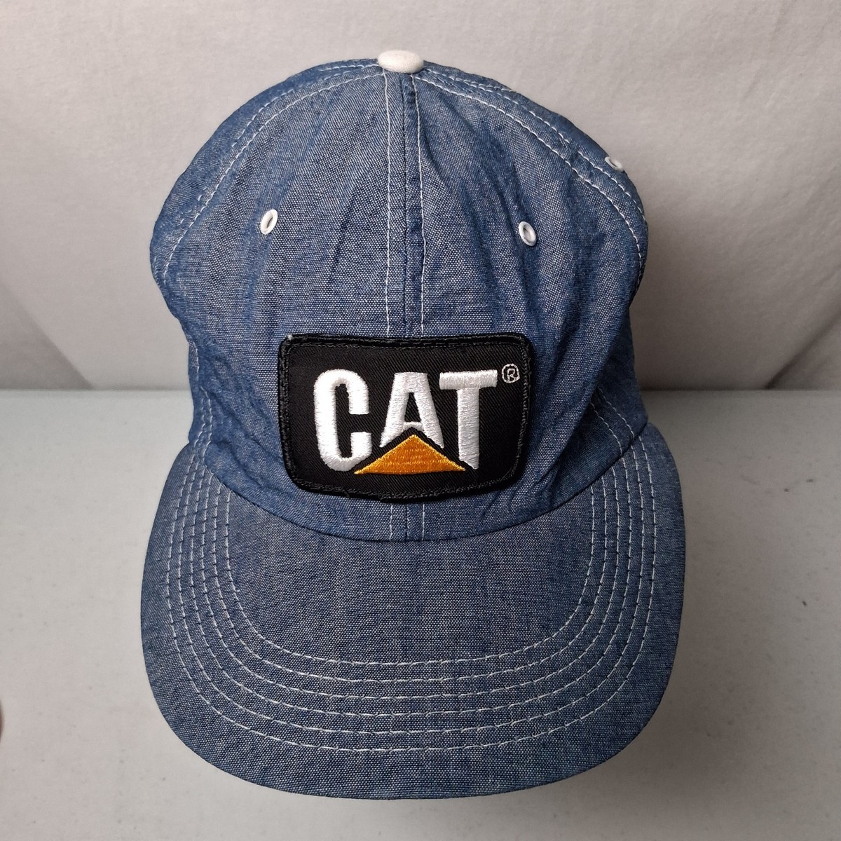 Vintage Caterpillar CAT Cap Hat Blue Chambray Denim Snap Back Work