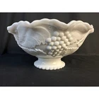 Vintage L.E Smith Milk Glass Footed Grape and Leaf Pattern Fruit Bowl