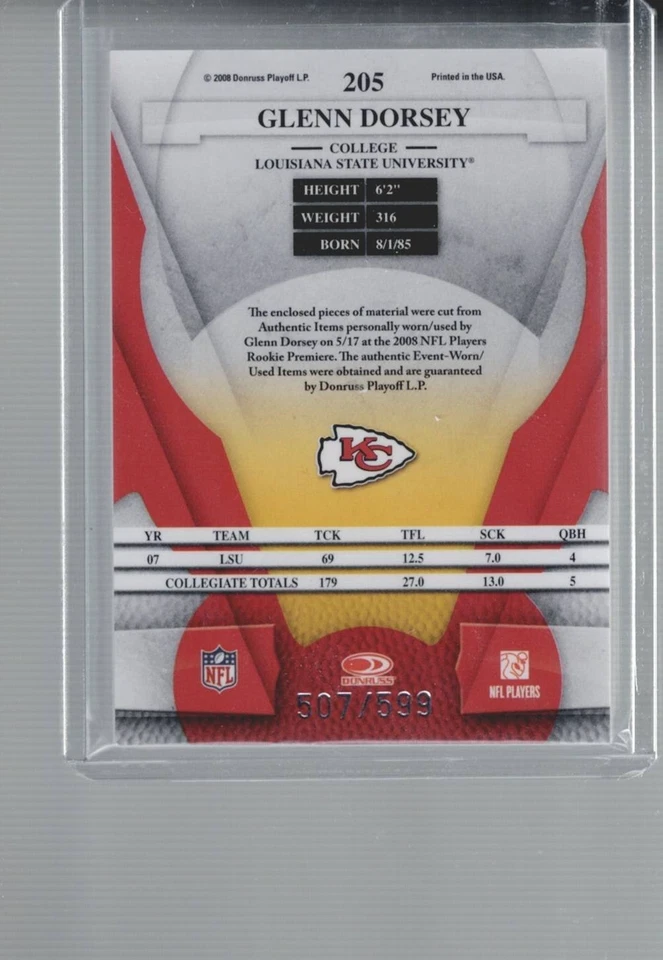 2008 Leaf Certified Materials Freshman Fabric 507/599 Glenn Dorsey #205 Rookie - Image 2 of 2