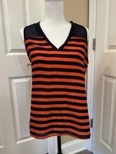 Fun 2 Fun M Navy Orange Striped Sleeveless Tank Top Hi-Lo V-Neck Flowy Shirt