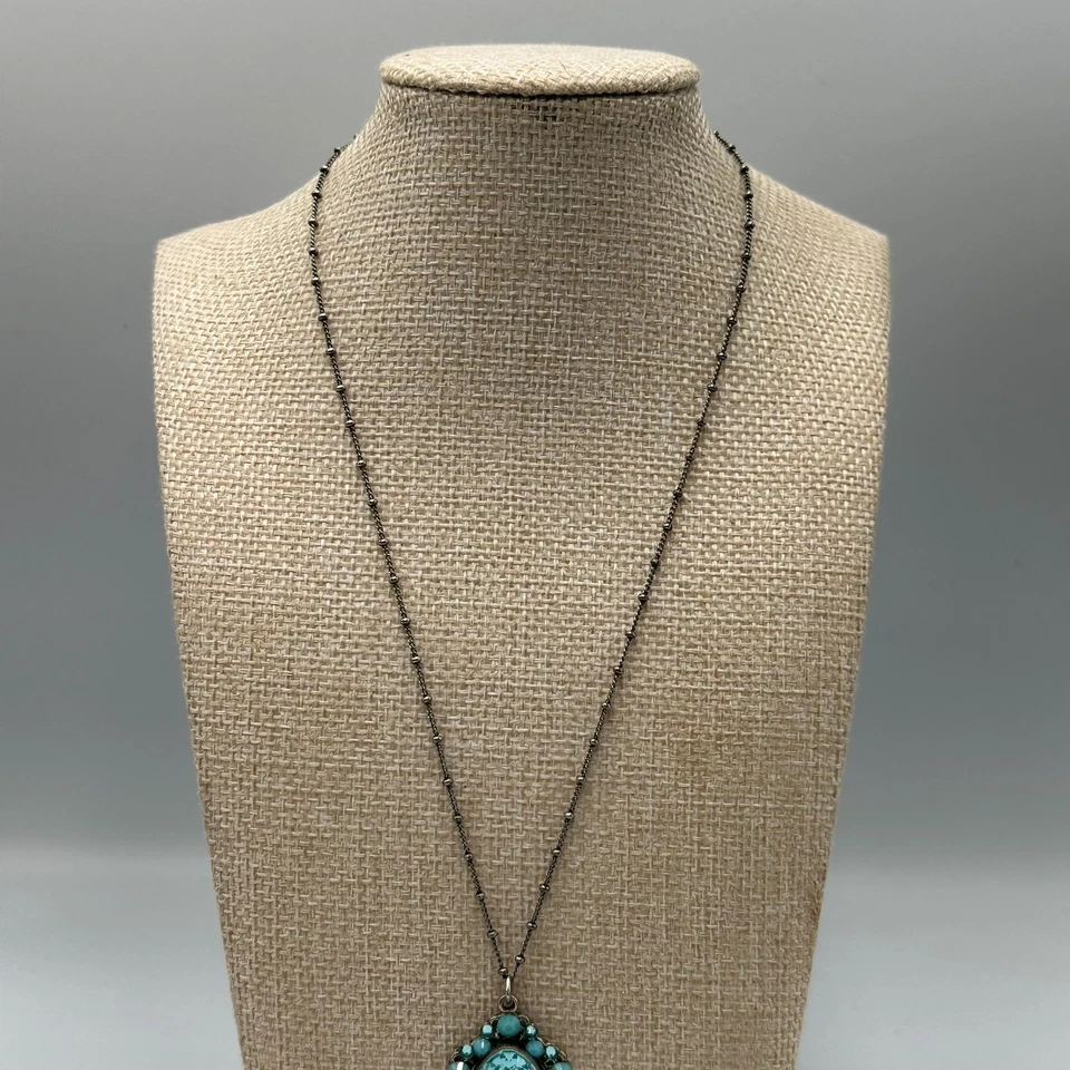 Anne Koplik Designs Necklace Turquoise Blue Rhinestone Pendant Boho Glam Jewelry - Image 4 of 4