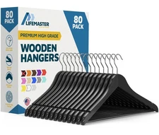 Lifemaster Wooden Hanger Set - 80 Pieces Non-Slip Versatile Closet Space-Savi...