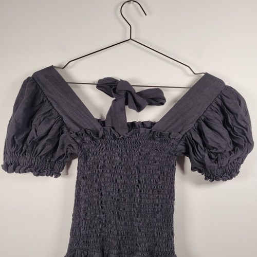 Sleeper 100% Linen Dress Black Medium Shirred Midi Puff Sleeve Hair Tie Preloved - Picture 6 of 11
