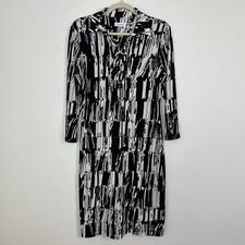 Calvin Klein Dress 10 Womens Sheath Black White Print 3/4 Sleeve Collared EUC