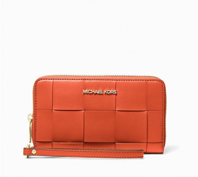Michael Kors Jet Set Women Large Woven Smartphone Case Wristlet Wallet Red Clay