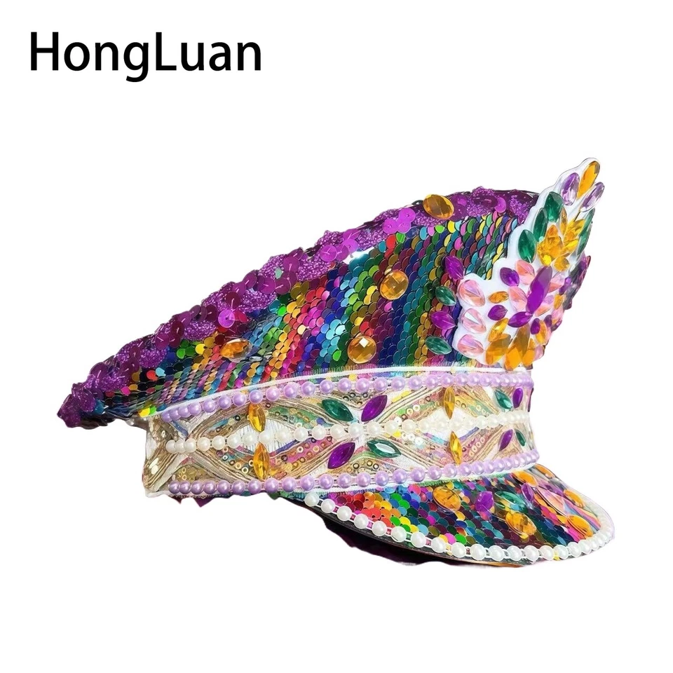 Lujoso Colorido Steampunk Estrás Gorra Perla Capitanes Sombrero para Hombres Carnaval Foto 3 de 4