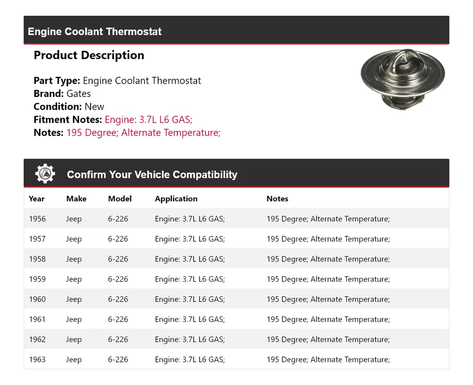Para Jeep 6-226 1956-1963 3,7 L L6 motor gas refrigerante termostato puertas 1957 1958 Foto 2 de 4