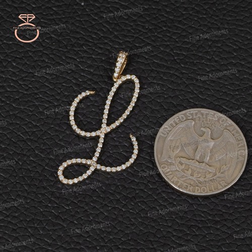 Solid 14k Yellow Gold L Initial Charm Natural Pave Diamond L Alphabet Pendant - Picture 4 of 9