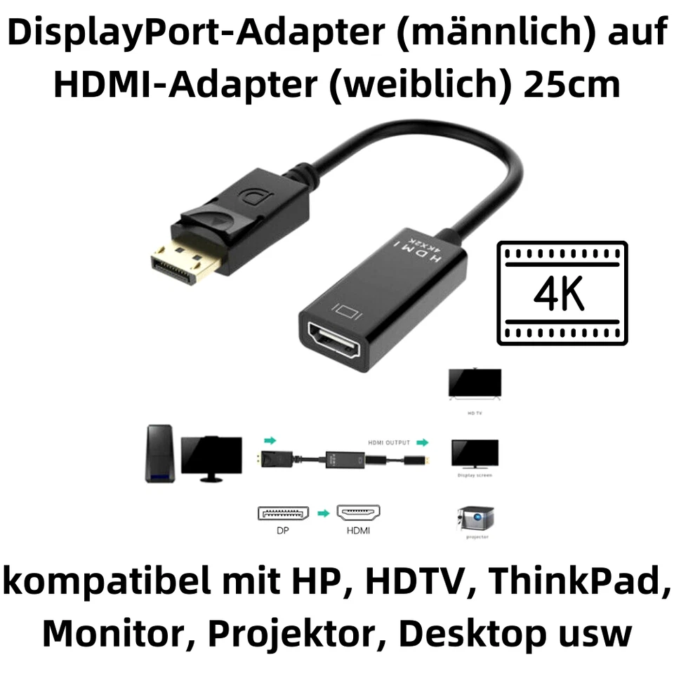 D35 DisplayPort auf HDMI Adapter 4Kx2K DP Stecker zu HDMI Buchse Konverter 25cm - Bild 2 von 4