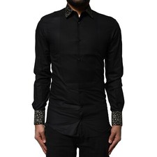 DOLCE & GABBANA Shirt Black Cotton GOLD Long Sleeves Dress 37/US14.5/XS 970usd