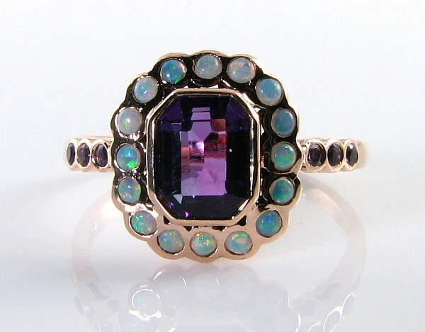 Anillo Art Deco 9CT Oro Rosa con Amatista Natural y Ópalo Cluster