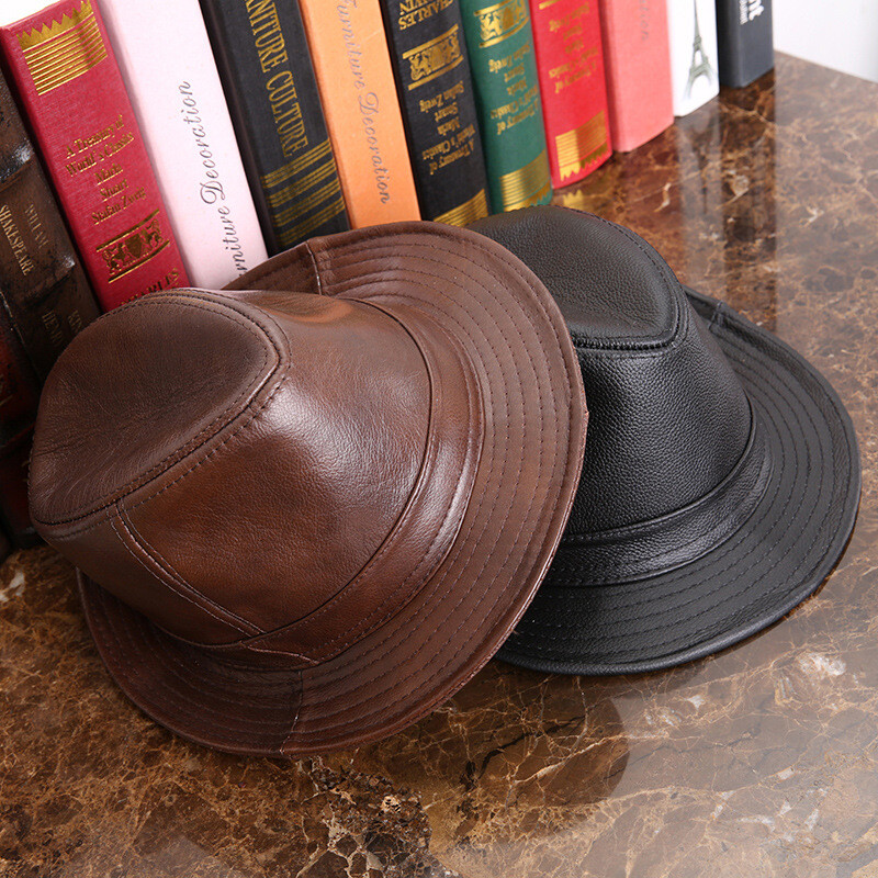 mens leather dress hats 100% Genuine Men's Hat Cowhide Jazz Cap Gangster Casual Accessories western leather hat