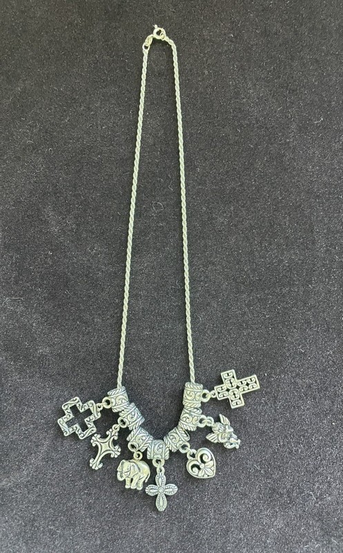 Vtg. Sterling Silver Italian Necklace Chain with 7  Silver Tone Charms, 15.5" L