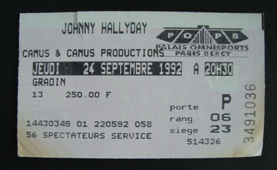 Concert ticket (coupon): JOHNNY HALLYDAY / PO Paris Bercy - 1992