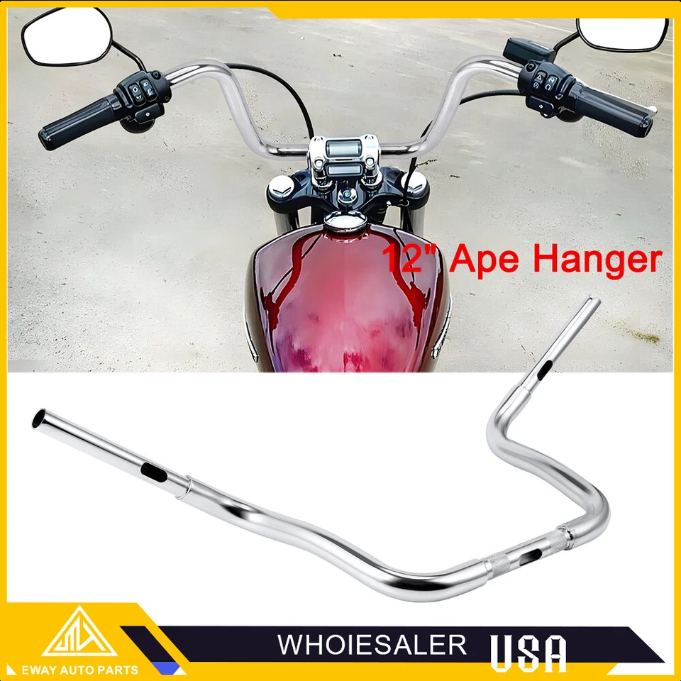 DNA Chrome 12" Ape Hanger Bar 1 1/4" Handlebar For Harley Dyna Softail FLRT FLHR - Image 4 of 4