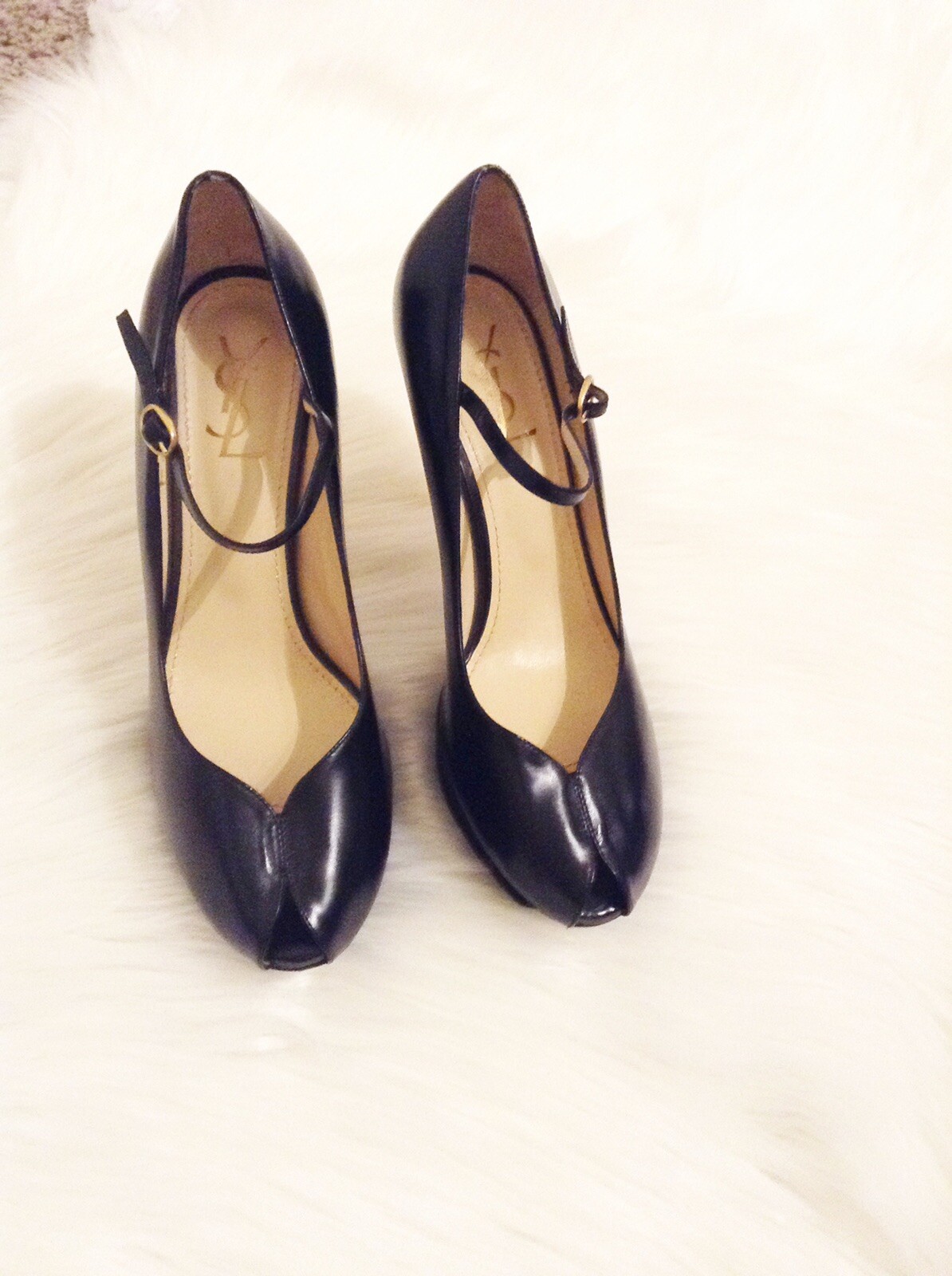 SAINT LAURENT Decolte YSL tacco 40 pelle nera giallo omaggio 105 Mary Jane punta aperta plateau