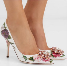 Womens Floral Printed Slip On Rhinestone Leather Party High Heel Pumps Shoes New