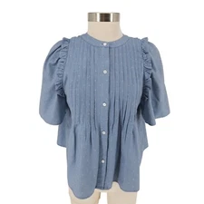 JOIE Shirt Blue Polka Dot Pleated Ruffle Short Sleeve Button Up Top Blouse Small