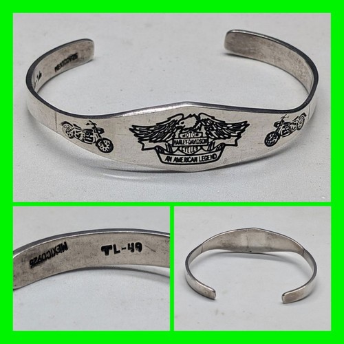 Vintage Harley Davidson Cuff Bracelet 925 Sterling With Eagle And Motorcycles 