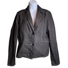 Tristan & Iseut Womens Denim Jacket Sz M Dark Wash White Stitching Y2K Fitted