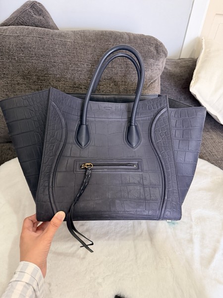 CELINE Luggage Croc Embossed Leather Zip Tote Bag Navy