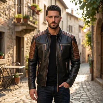 Herren Cafe Racer Motorrad Handarbeit echtes Rindsleder Leder Jacke/ Biker gesteppt