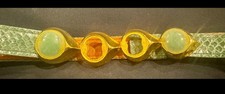 Vtg Alexis Kirk Green Reptile Skin Leather Belt Green Cabochons Gold Tone OSFM
