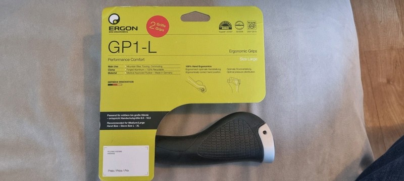 Brand new, packaged set of Ergon GP1-L bicycle handlebar grip. Pair.