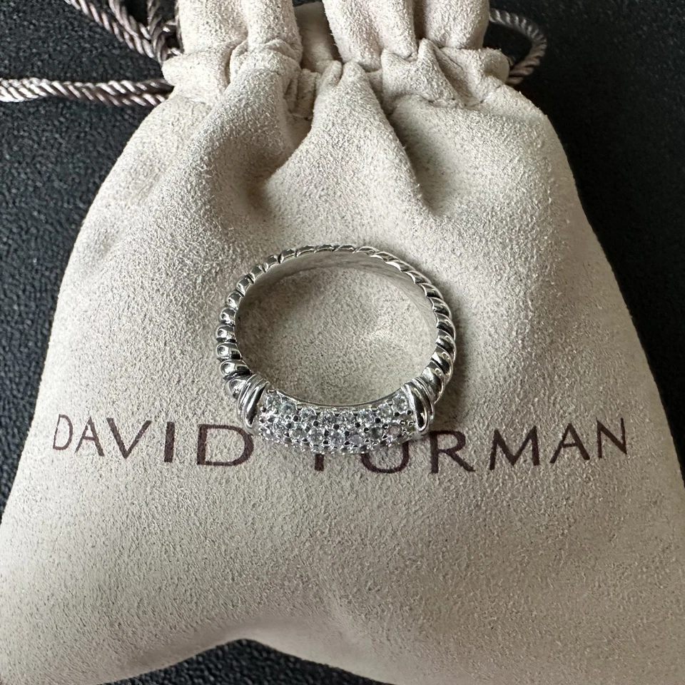 Anillo David Yurman Esculpido Banda Cable Plata de Ley 925 Pavé Diamantes Talla 6 Foto 2 de 4