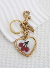 Cherry Heart Keychain Bag Purse Charm   Red Cherries Gold Heart Pendant Vintage