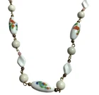 Floral Milk White Millefiori Glass Necklace Vintage Beaded Gold Chain 30"