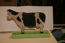 Vintage Hand Carved Wood Primitive Sculpture COW ON WOOD STAND 13" X 9" X 1.5"
