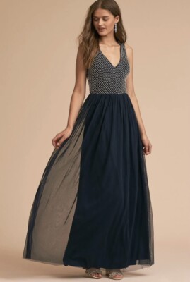 NWT BHLDN Adrianna Papell Bryce Gown Sz Navy Tulle Maxi Dress Beaded $228  - Main Image