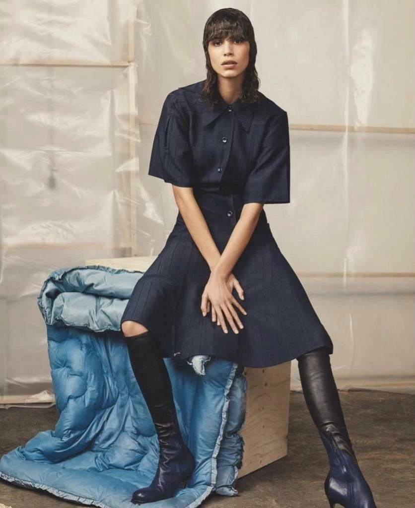 CELINE Linear Jacquard Shirt Dress Navy Winter'17 Old Celine Phoebe Philo 36