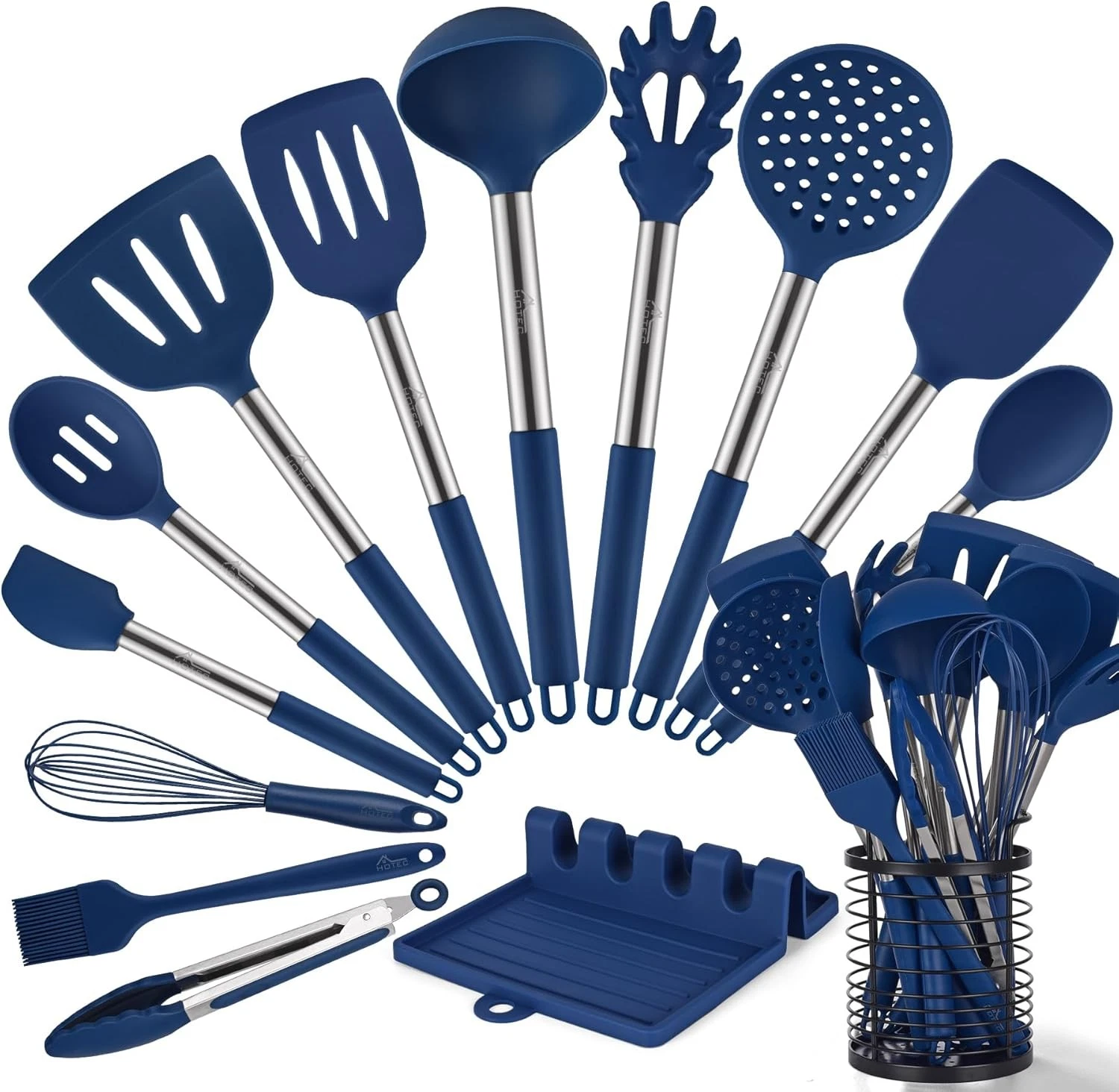 HOTEC Silicone Cooking Utensils 14pcs Set Heat Resistant Blue