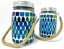 Mosaic Solar Powered Lanterns for Outdoor Hanging Mason Jar Glass Bottle Lights