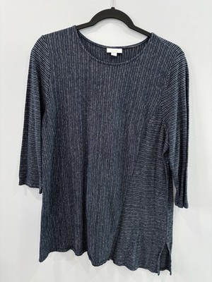 PUREJILL Blue Striped Tunic Top Large 3/4 Sleeve Asymmetrical Organic Cotton