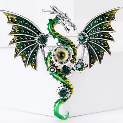 Halloween Spooky Dragon Brooch Pin Silver & Green Crystal Enamel Costume Jewelry