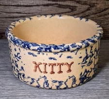 Robinson Ransbottom Roseville Ohio Salt Glaze Pottery KITTY Cat Bowl Blue Sponge