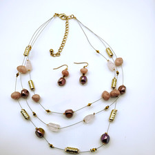 Triple Strand Necklace Dangle Earrings Set Gold Tone Glass Stones Mixed Media