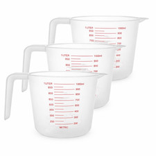 3pk 1 Litre Plastic Clear Measuring Jug Baking Kitchen Cooking Stackable Handle.