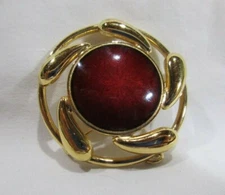 Round Gold Tone w/ Pods and Dark Cherry Red Cabochon Center Brooch or Pendant