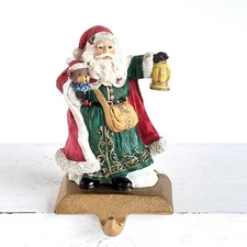 Vintage Old World Santa Holding Lantern & Bear Christmas Stocking Hanger Gold
