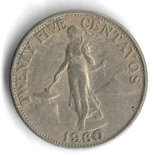 1960 Philippines 25 Centavos World Coin - Mintage 10,000,000 - KM# 189