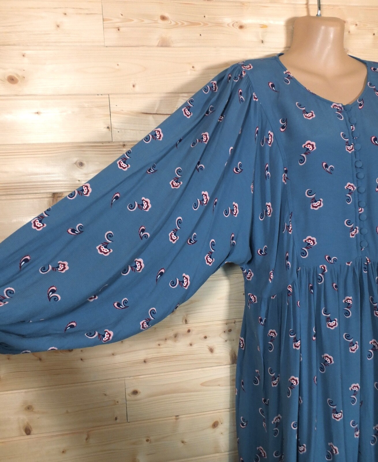 M&S teal blue, plum & pink retro floral batwingsleeve midi tea dress