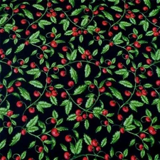 Little Red Holly on Black, Studio E Cotton Fabric, Cozies, Kitchen Per 1/2 Yd