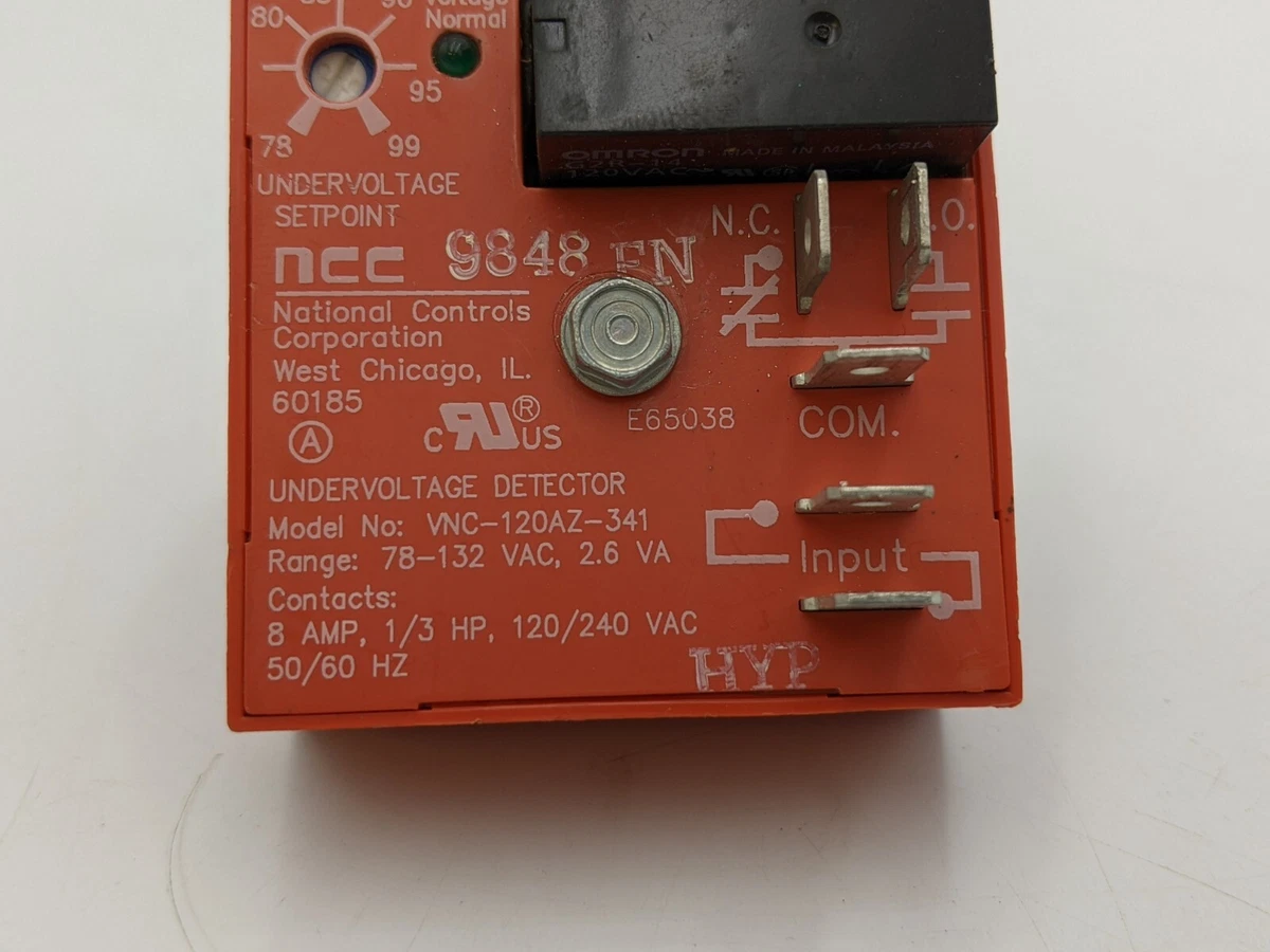 NCC VNC-120AZ-341 Undervoltage Detector Range 78-132VAC Contact 8A 1/3HP Used