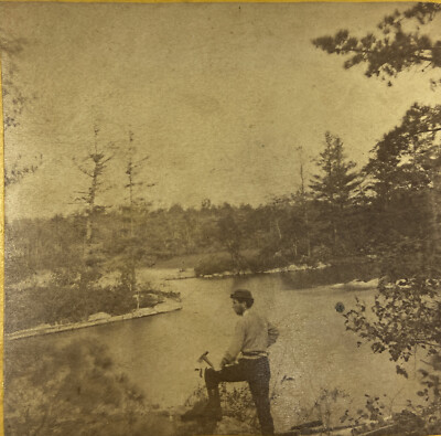 c. 1878 Stereoview Birch Point St. Lawrence River Lake of the Island Man Hammer